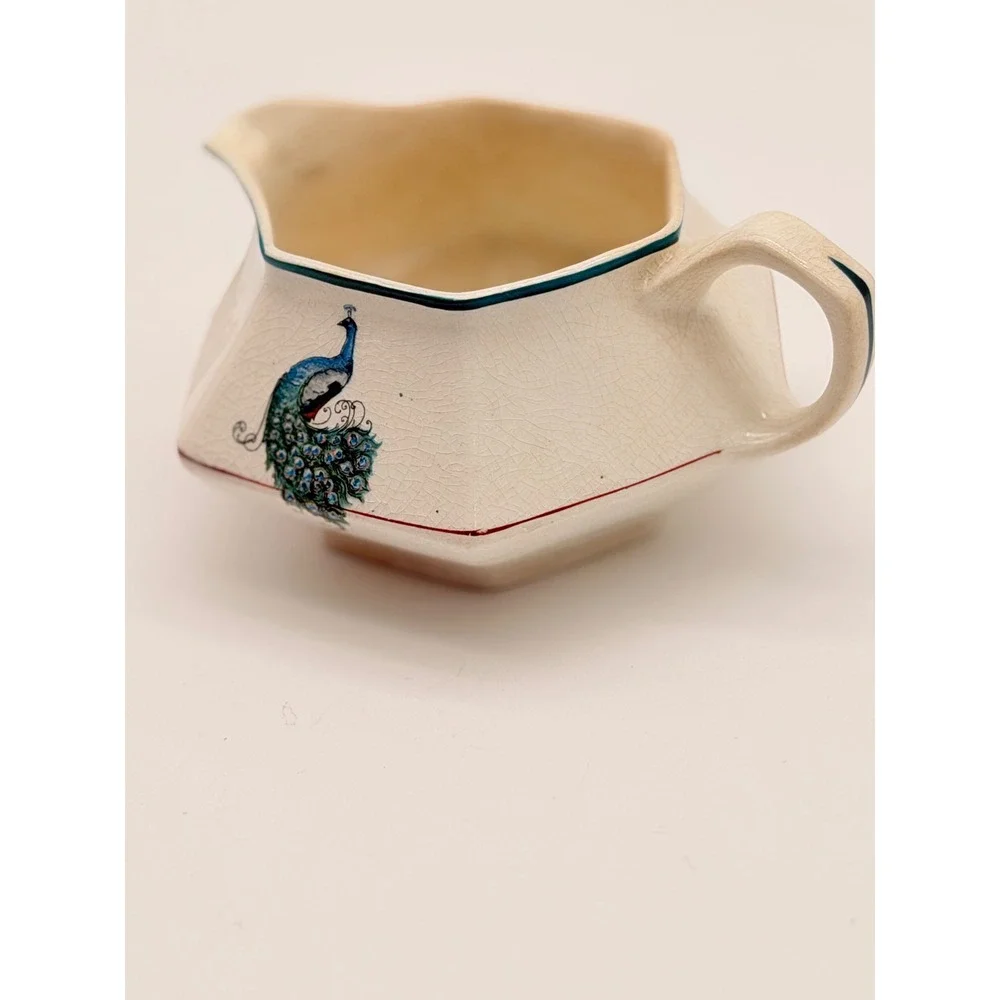 Vintage Hexagonal Peacock Ceramic Creamer Pitcher Cream Blue Art Deco 5117X
